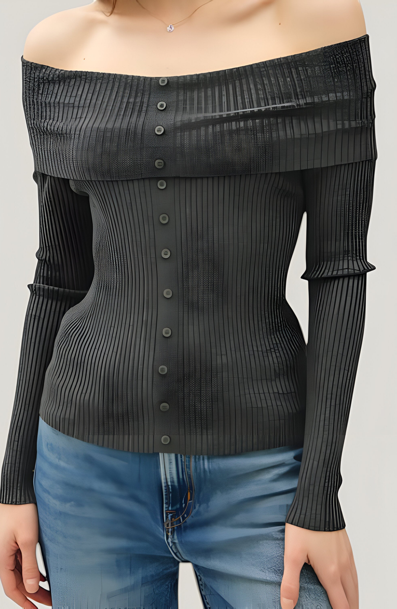 Modenaire Ribbed Button-Up Long Sleeve Top with Roll Shoulder Detail, Alternate, color, 