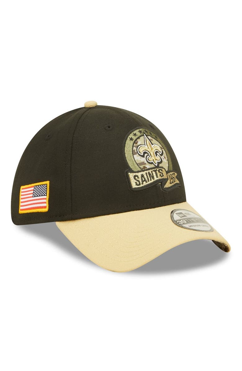 New Era Men's New Era Black/Vegas Gold New Orleans Saints 2022 Salute To Service 39THIRTY Flex Hat, Main, color,