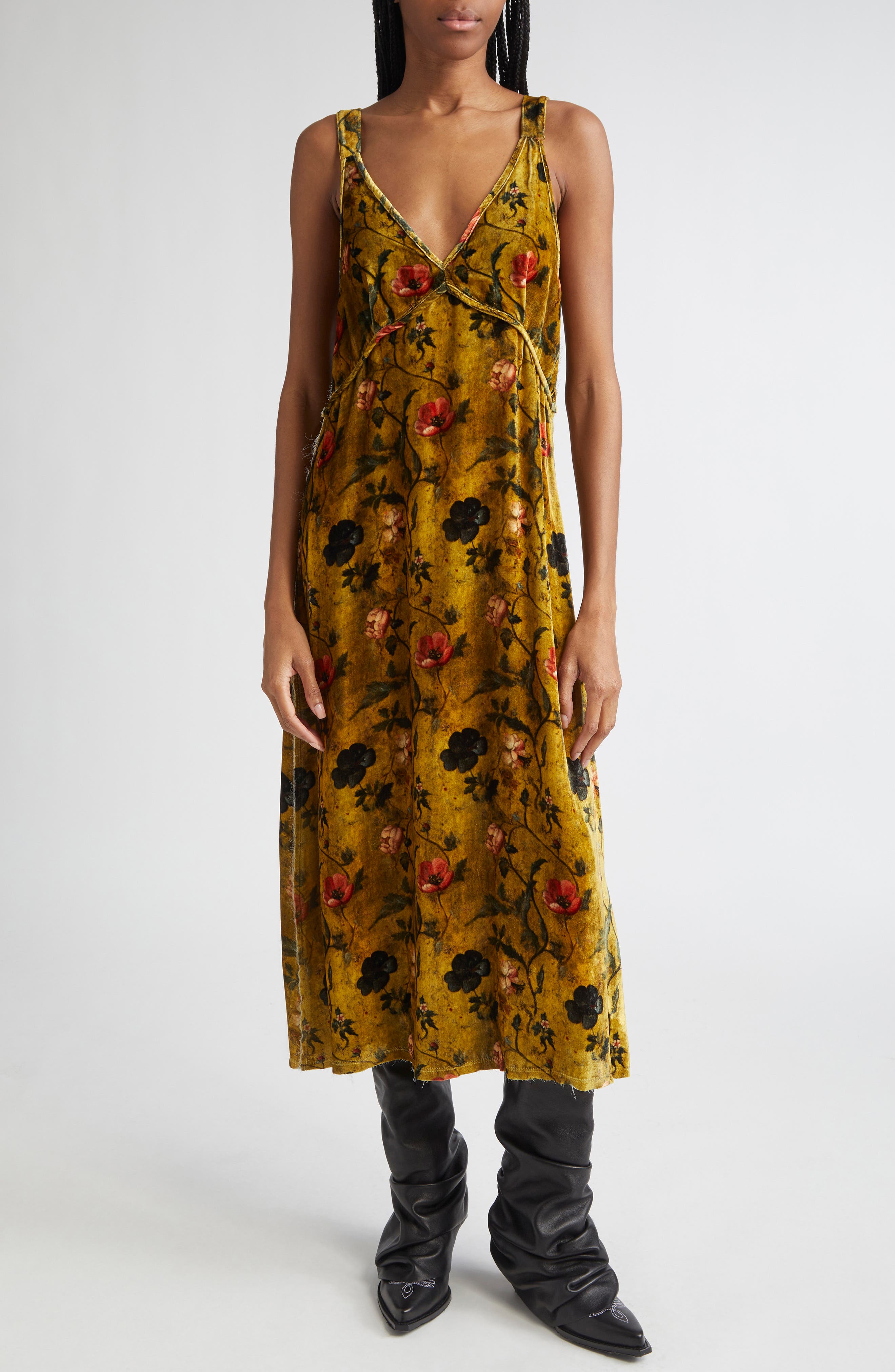 R13 Grunge Floral Velvet Midi Dress