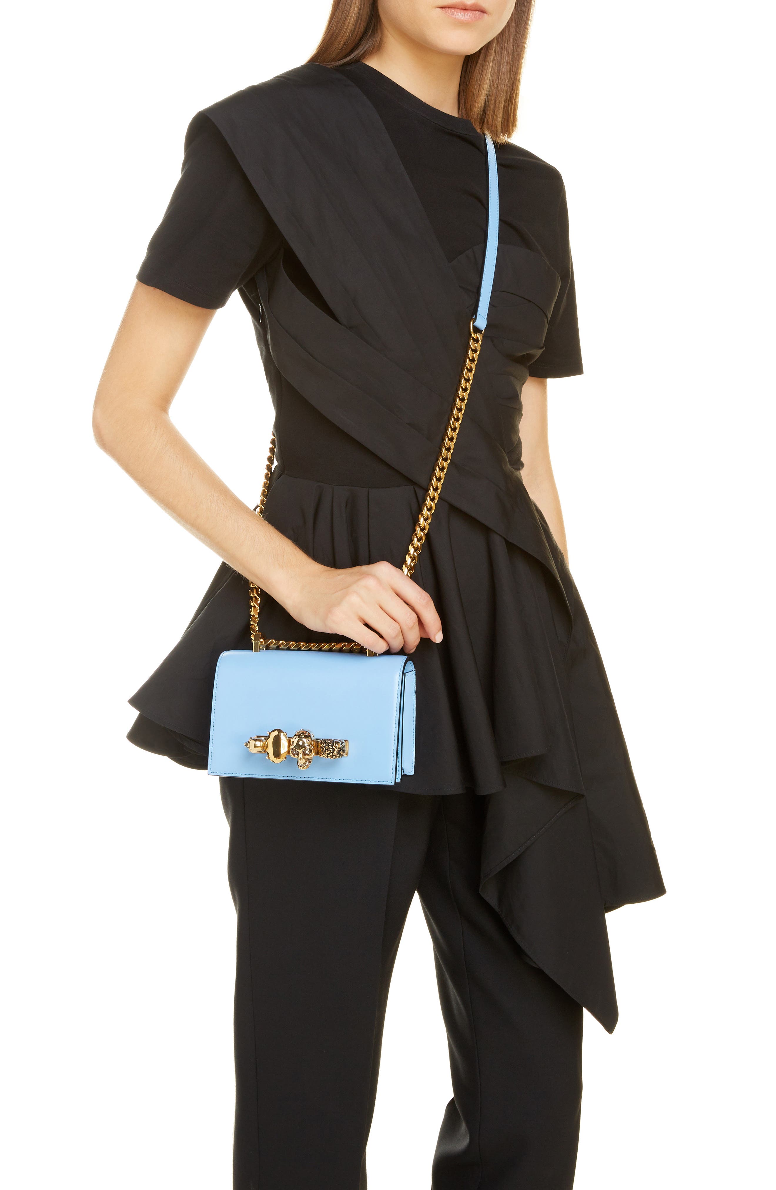 Alexander McQueen Mini Leather Knuckle Crossbody Bag, Alternate, color, FLAX BLUE