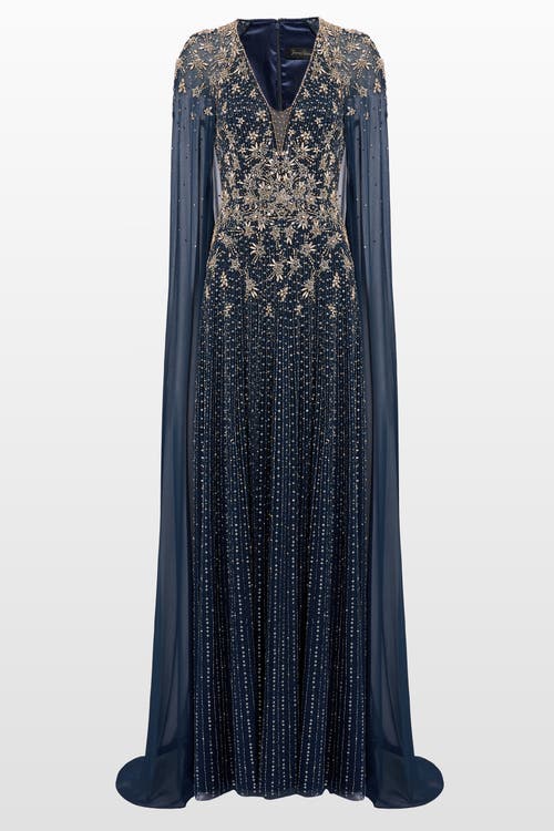Jenny Packham Moonlight Star-embellished Cape-design Maxi Dress In Blue