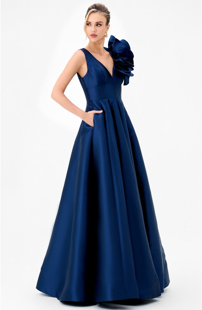 Bariano Mirella V Neck Ruffle Gown, Alternate, color, Navy