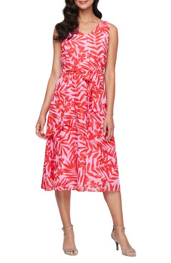 Sl Fashions Floral V-neck Tiered Overlay Midi Dress In Pink Multi