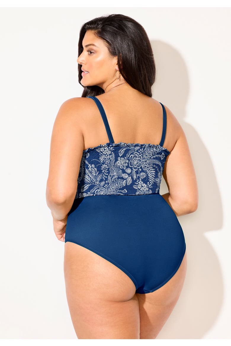 Smocked Ring Strap One Piece Swimsuit, Alternate, color, Denim Floral