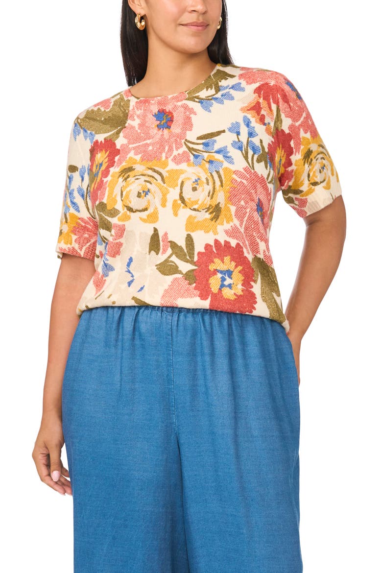 Floral Short Sleeve Sweater, Alternate, color, BIRCH