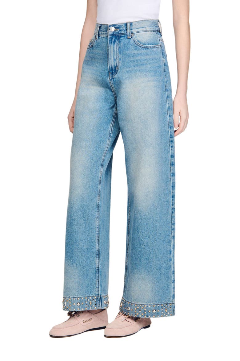 Straight rhinestone cotton jeans, Main, color, Blue jean
