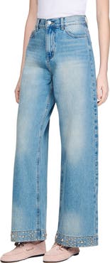 SANDRO Straight rhinestone cotton jeans