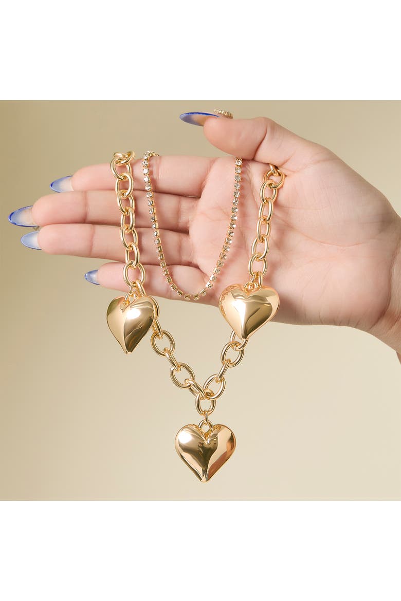 Triple Heart Statement Necklace, Alternate, color, Gold