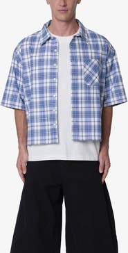 mnml Plaid Crop Short Sleeve Cotton Flannel Button-Up Shirt