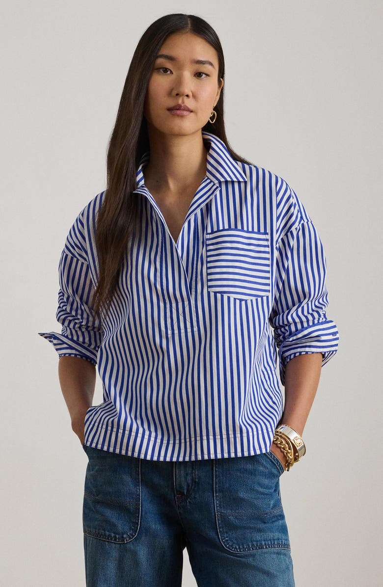 Lauren Ralph Lauren Stachee '70s Stripe Cotton Broadcloth Popover Shirt, Alternate, color, Blue/ White Multi