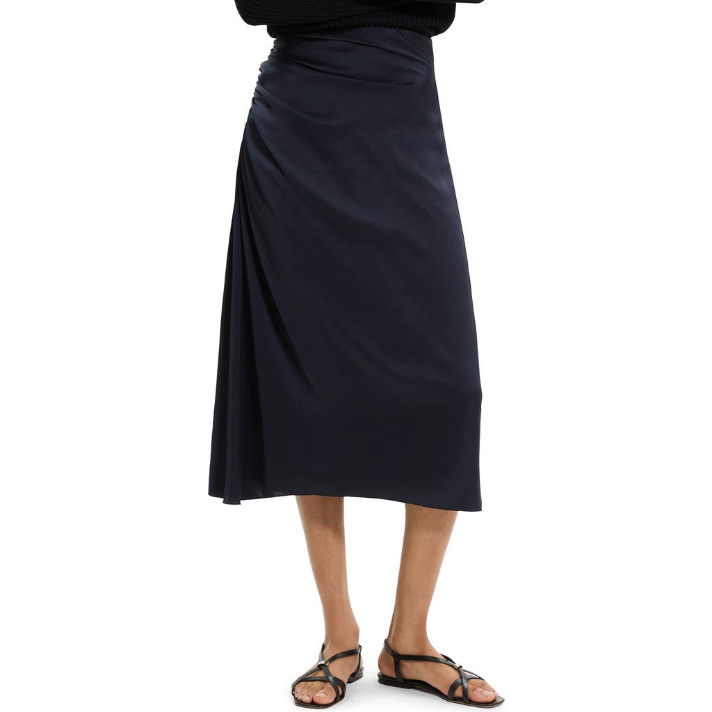 Theory Ruched Midi Skirt In Crushed Satin In Black
