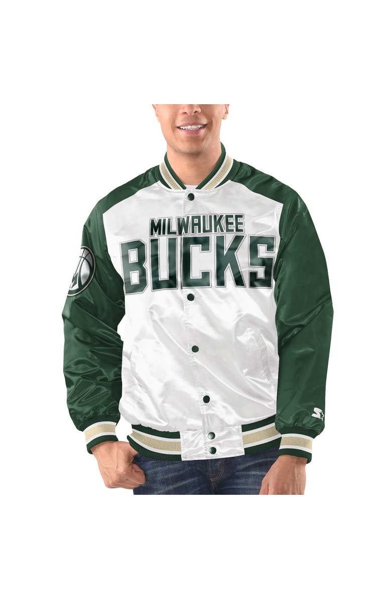 STARTER Men's Starter White/Hunter Green Milwaukee Bucks Renegade Satin Full-Snap Varsity Jacket, Main, color, White