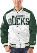STARTER Men's Starter White/Hunter Green Milwaukee Bucks Renegade Satin Full-Snap Varsity Jacket