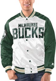 STARTER Men's Starter White/Hunter Green Milwaukee Bucks Renegade Satin Full-Snap Varsity Jacket