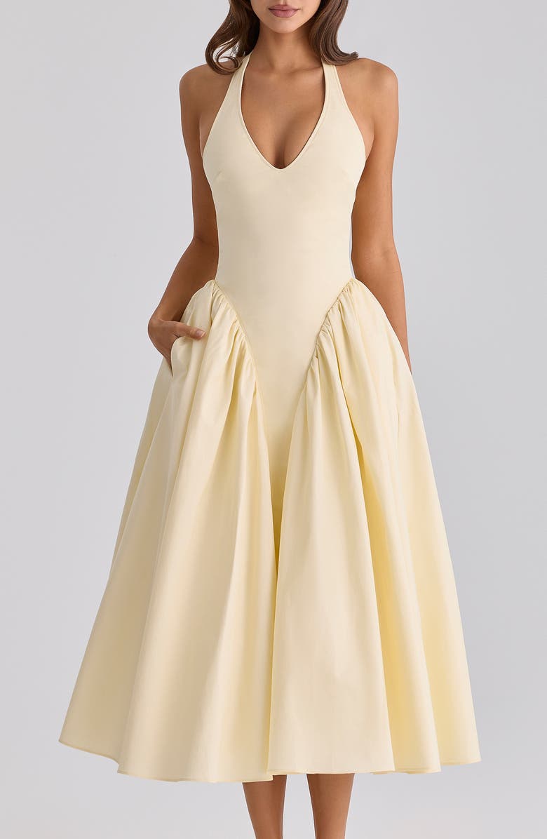 HOUSE OF CB Marilyn Halter Cotton Blend Midi Sundress, Alternate, color, Lemon