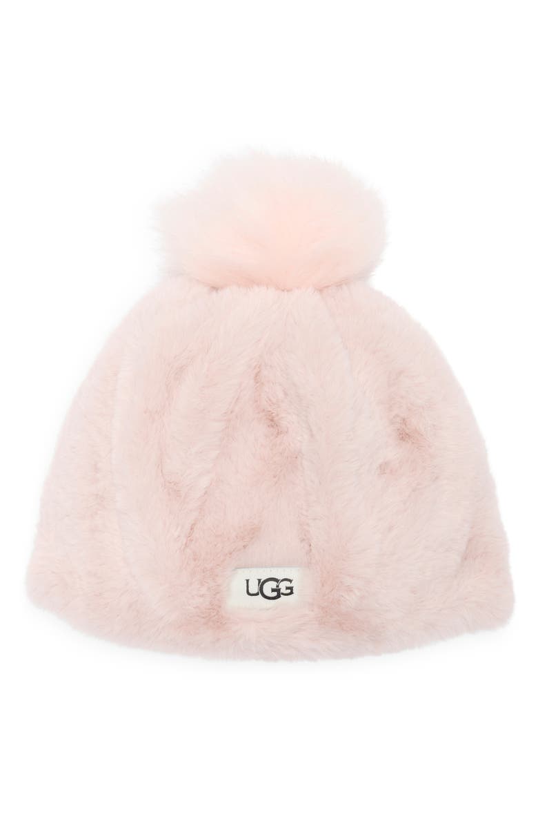 UGG<sup>®</sup> Kids' Faux Fur Pompom Beanie, Main, color, Pink Crystal
