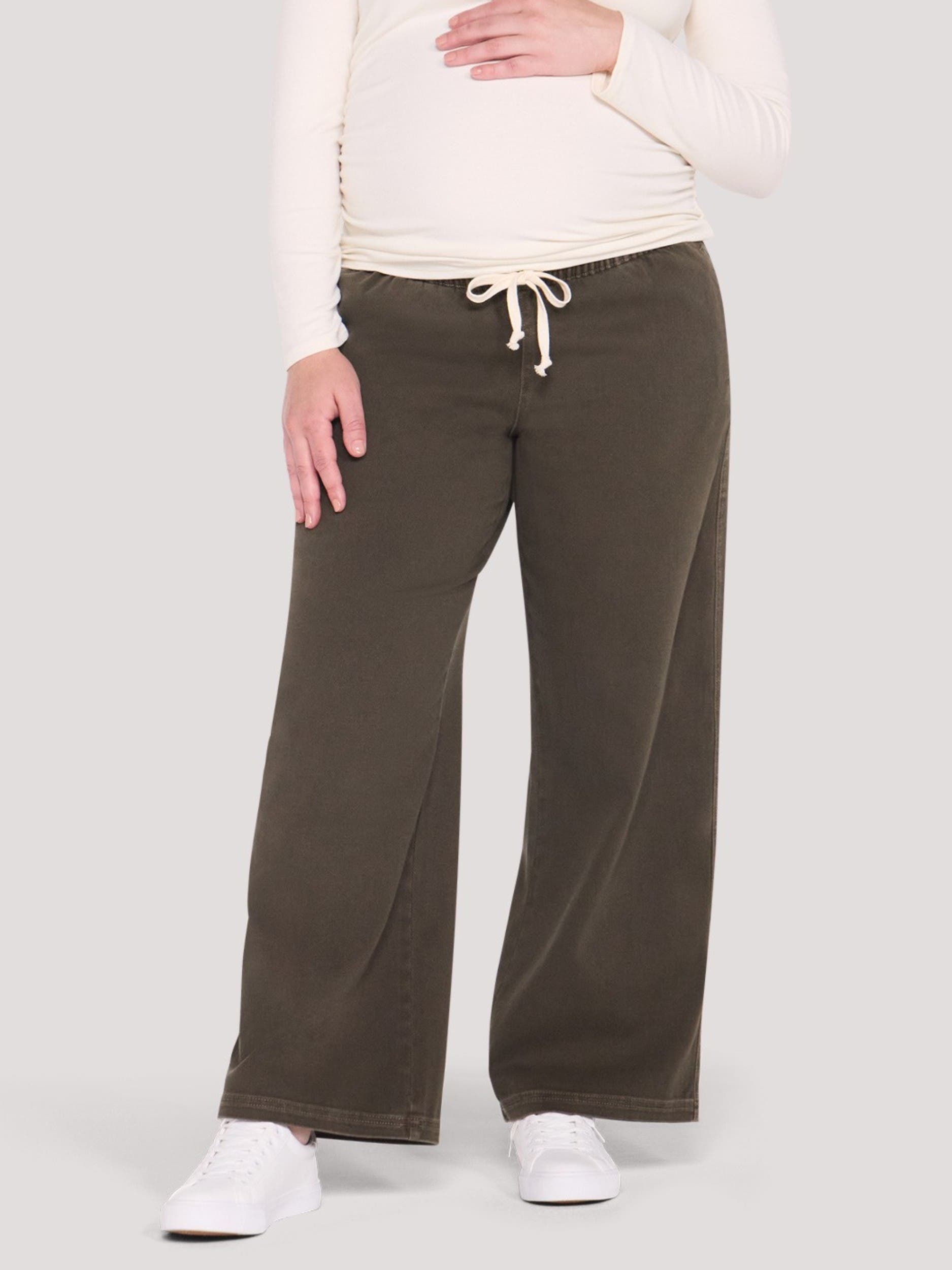 Motherhood Maternity Under The Belly Tie Waist Denim Wide Leg Pant In Olive Night