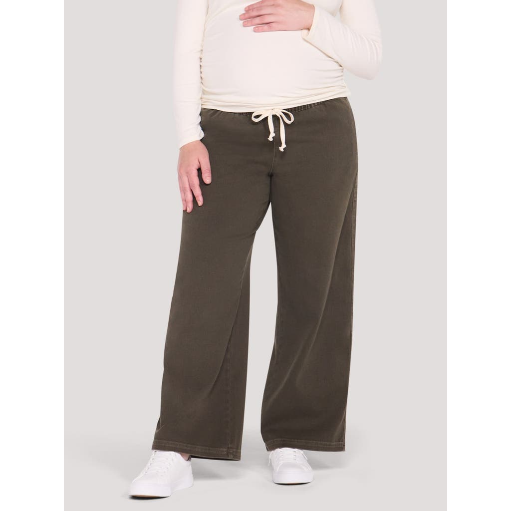 Motherhood Maternity Under The Belly Tie Waist Denim Wide Leg Pant In Olive Night