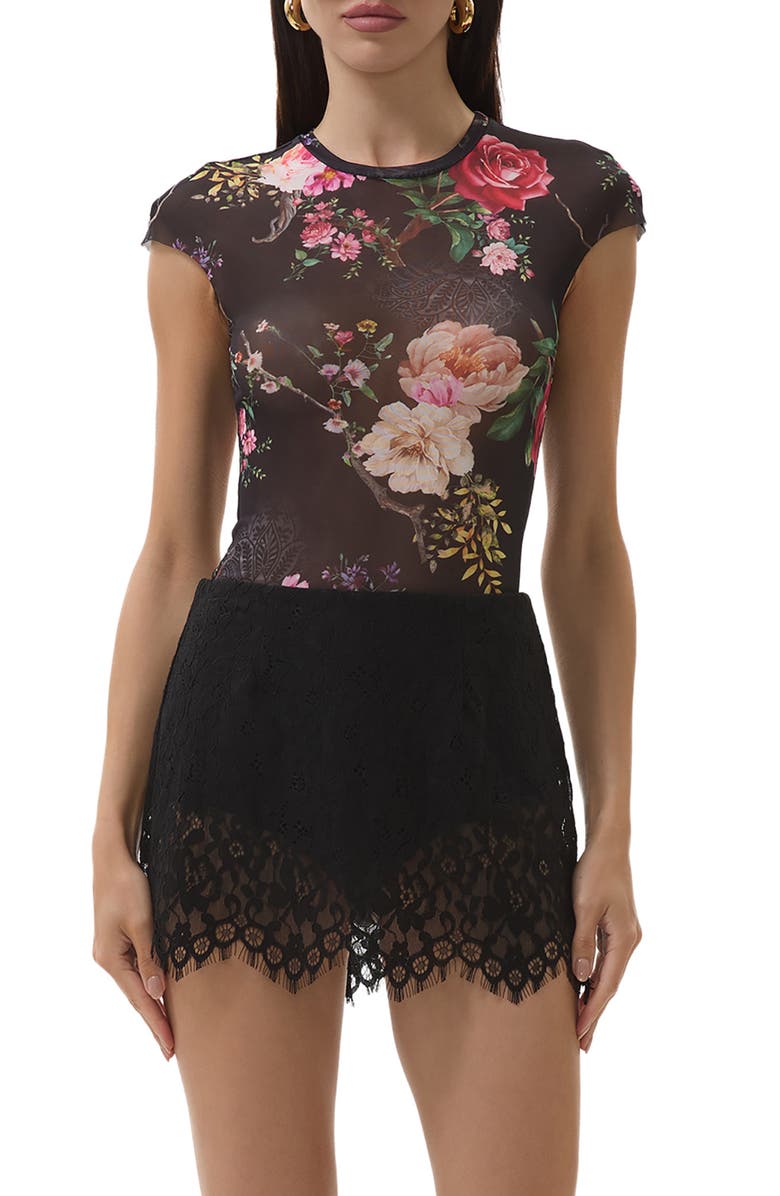 AFRM Nina Print Cap Sleeve Mesh Top, Main, color, Noir Summer Rose