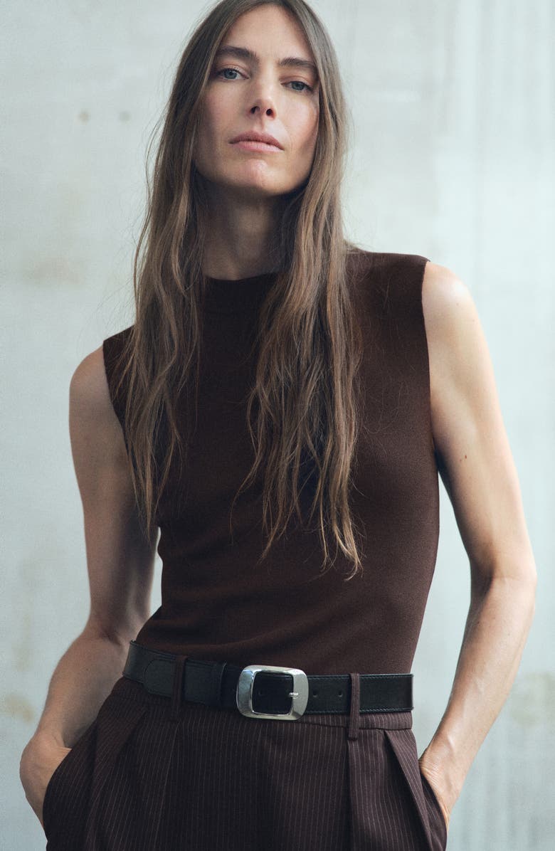 MANGO Pinstripe Sleeveless Wide Leg Jumpsuit, Alternate, color, Chocolate