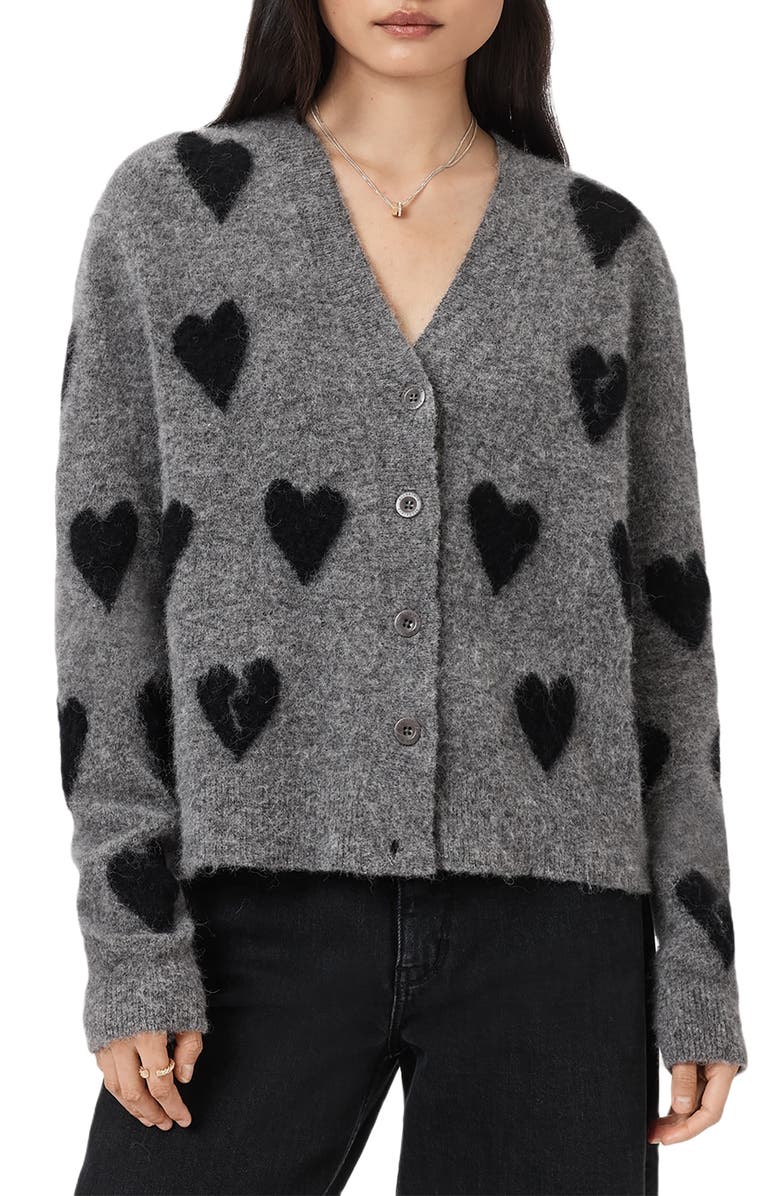 AllSaints Amora Heart Alpaca & Wool Blend Cardigan, Main, color, Grey/ Black