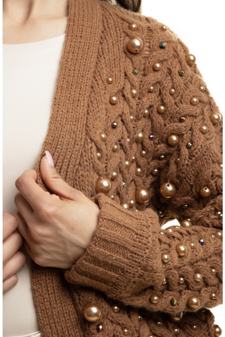 Faux Pearl Knit Cardigan, Alternate, color, BROWN