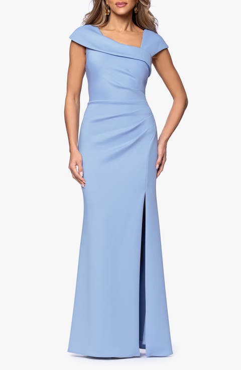 Asymmetric Neck Scuba Knit Trumpet Gown (Regular & Petite)