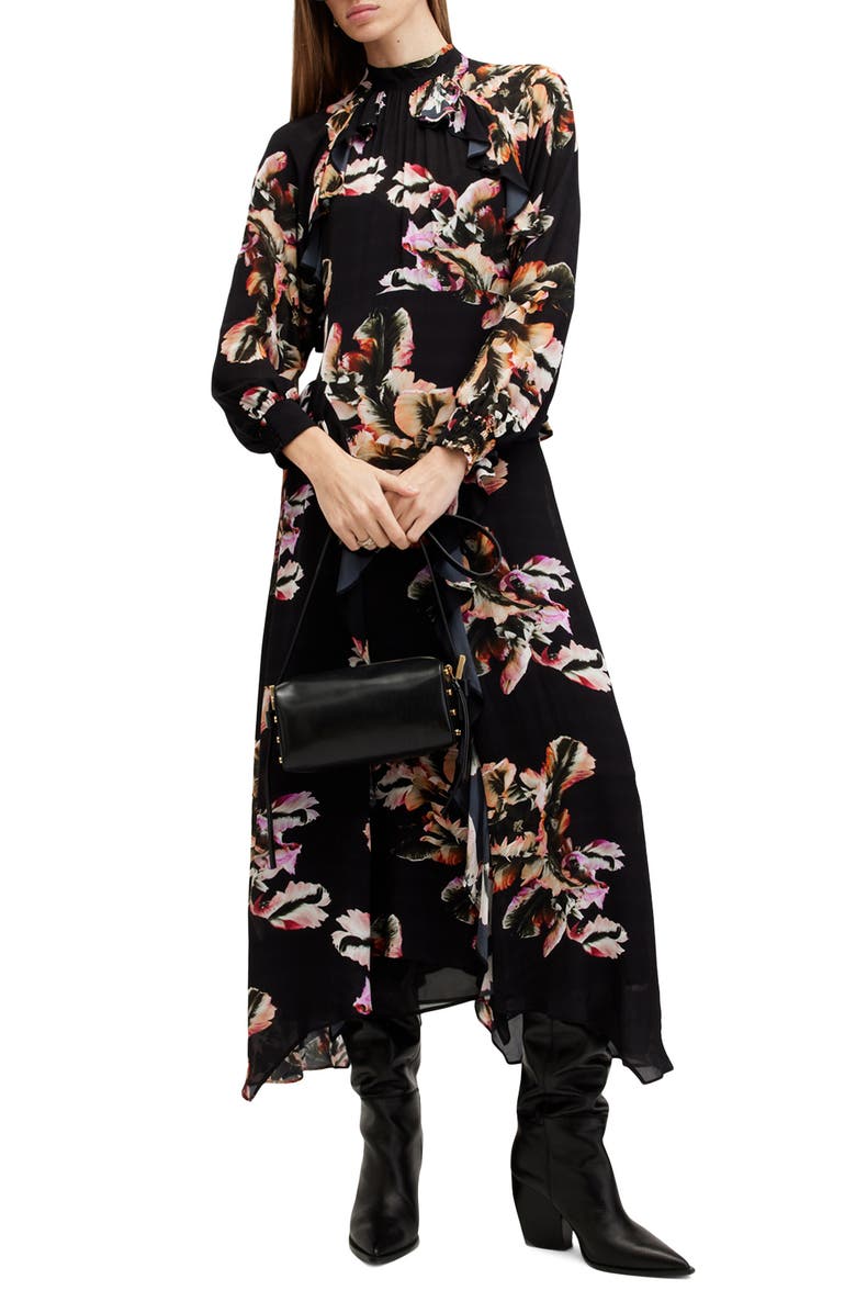 AllSaints Jessica Mock Neck Long Sleeve Handkerchief Hem Dress, Alternate, color,