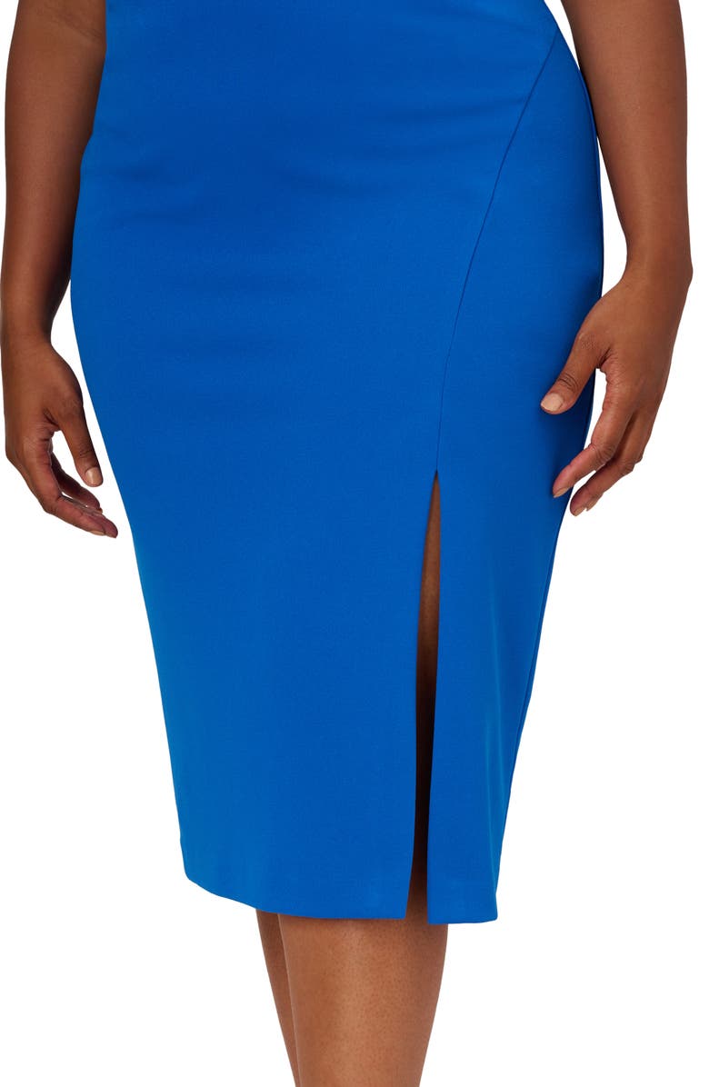 Adrianna Papell Feather Trim Crepe Midi Sheath Dress, Alternate, color, 