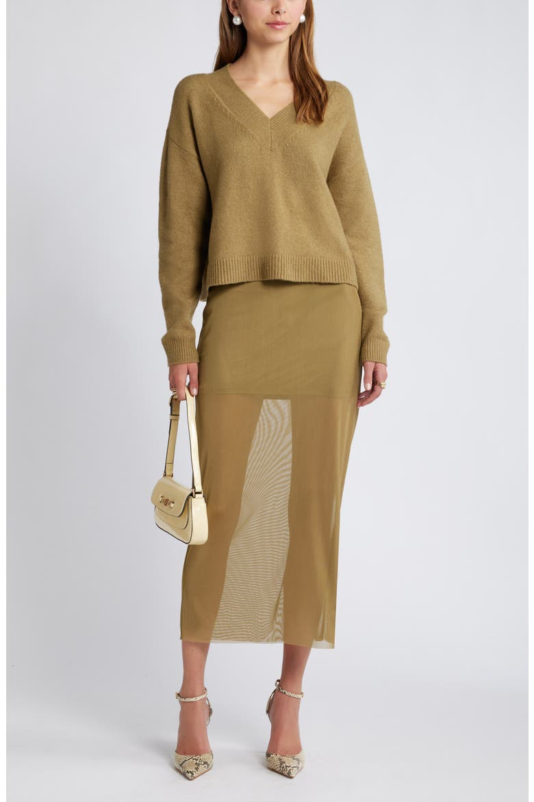Sheer Mesh Midi Skirt, Alternate, color, OLIVE BRINE