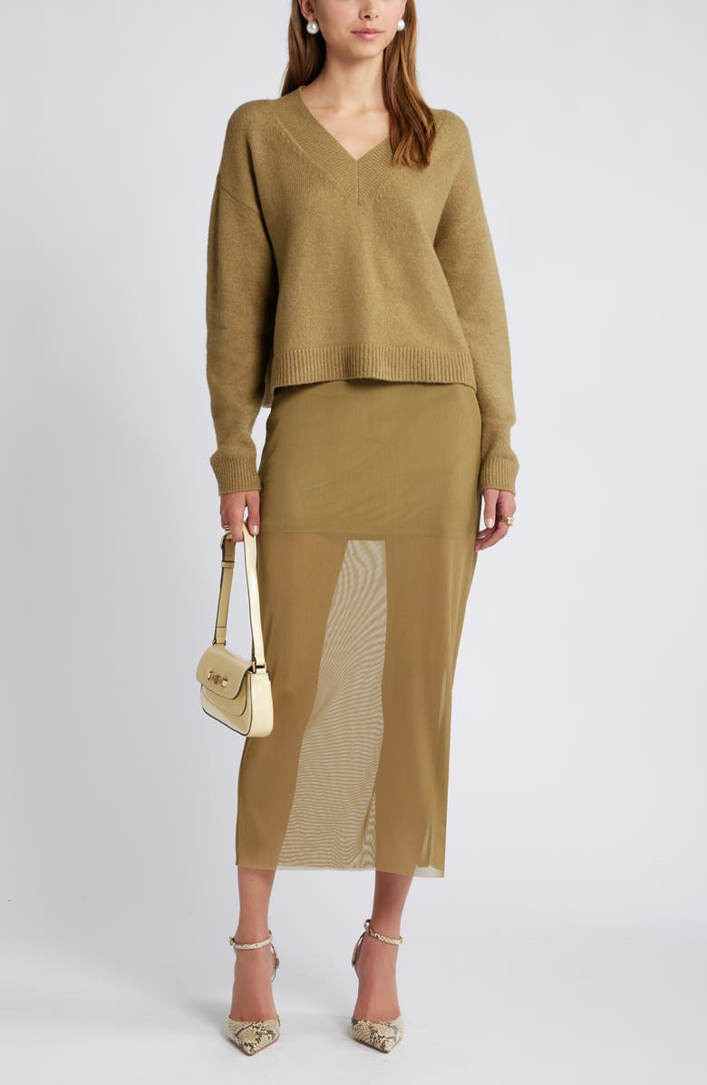 Open Edit Sheer Mesh Midi Skirt, Alternate, color, Olive Brine