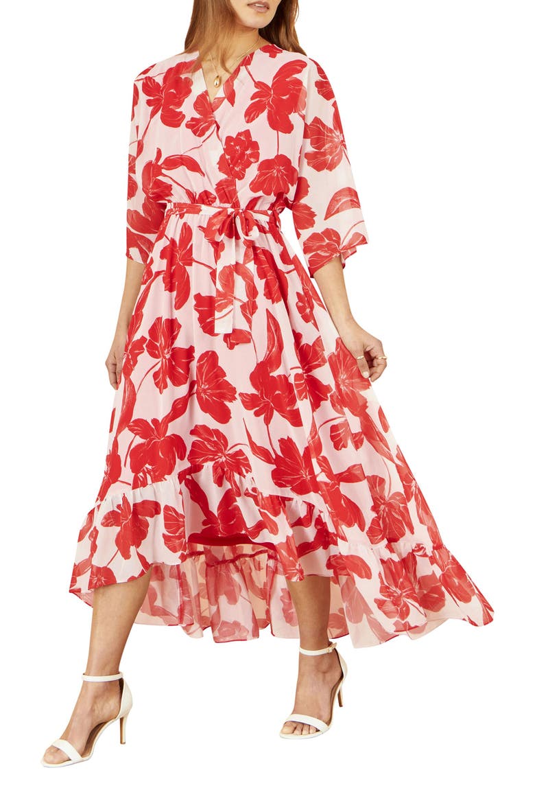 Midi Dip Hem Wrap Dress, Alternate, color, Red