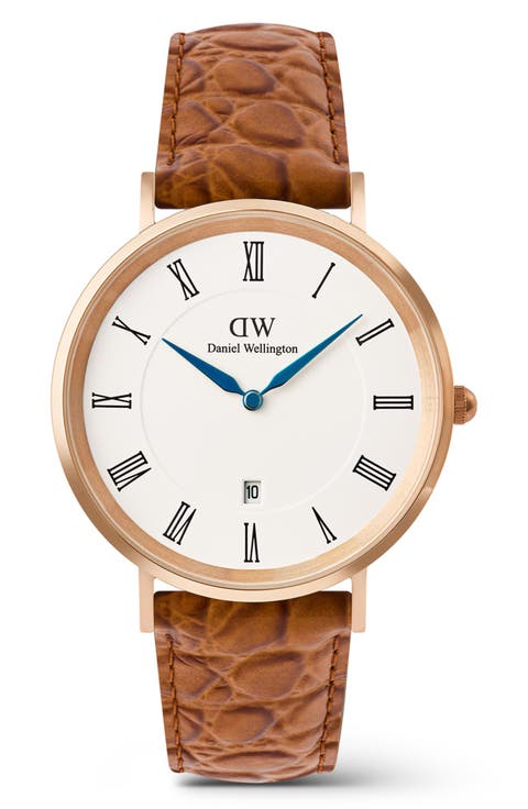 Classic Roman Numerals Leather Strap Watch, 40mm