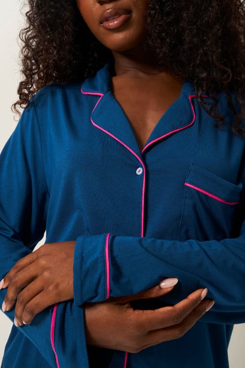 Stripe & Stare Long Pyjama Set In Midnight & Raspberry