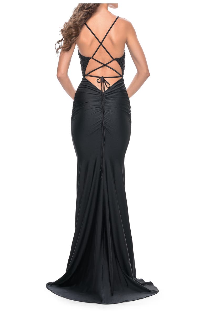 La Femme Beaded Illusion Top with Ruched Jersey Skirt Prom Dress, Alternate, color, Black