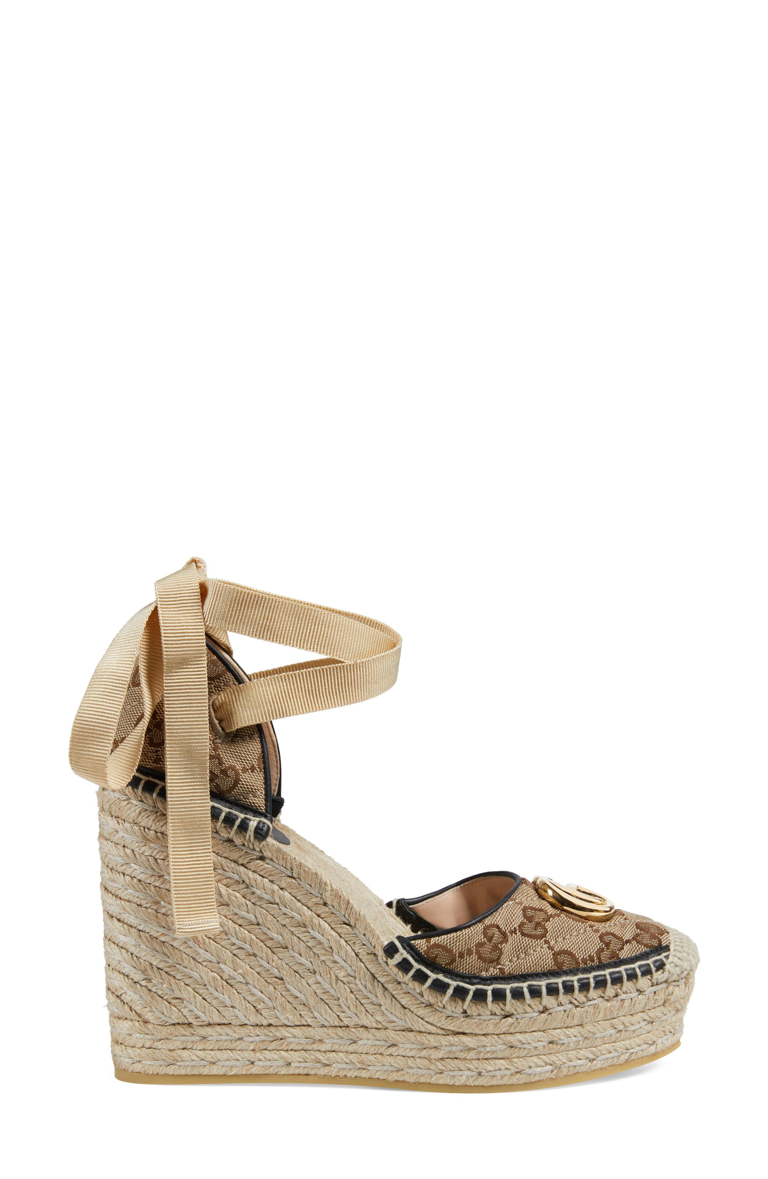 Gucci Pilar GG Ankle Tie Espadrille Platform Wedge, Alternate, color, 