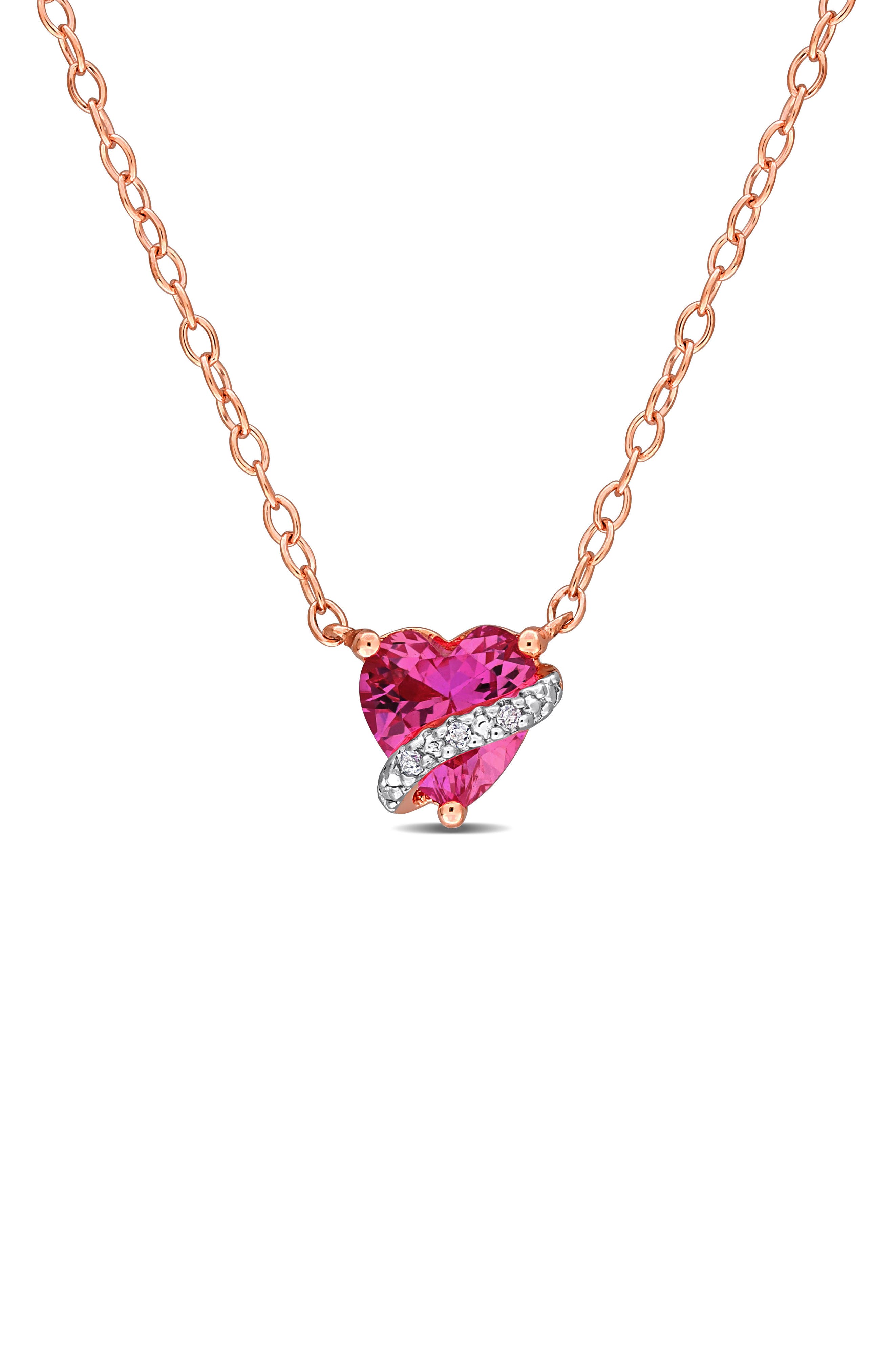DELMAR Lab Grown Pink Sapphire & Diamond Heart Pendant Necklace