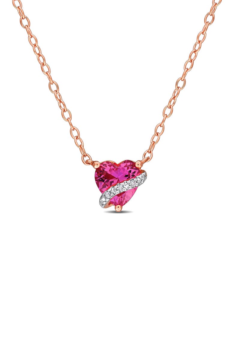 Lab Grown Pink Sapphire & Diamond Heart Pendant Necklace, Main, color, PINK
