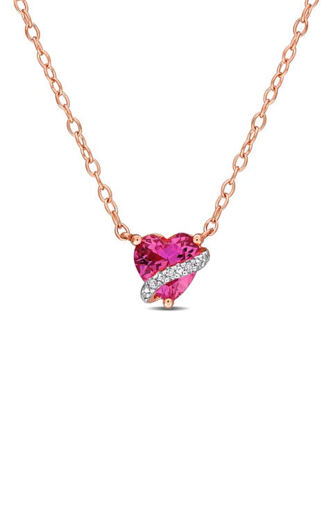 Lab Grown Pink Sapphire & Diamond Heart Pendant Necklace