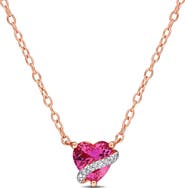 DELMAR Lab Grown Pink Sapphire & Diamond Heart Pendant Necklace