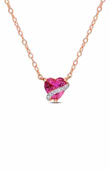 DELMAR Lab Grown Pink Sapphire & Diamond Heart Pendant Necklace