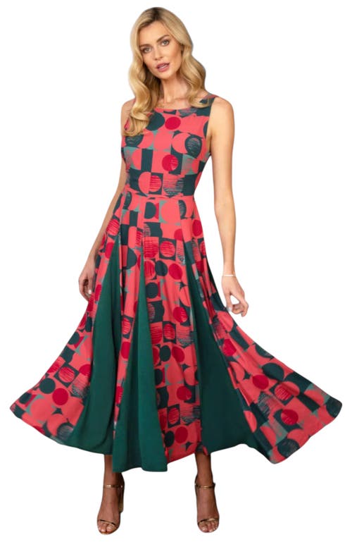 Hotsquash London Clothing Box Pleat Midi Dress With Contrast Skirt In Coral Green Circle Geo