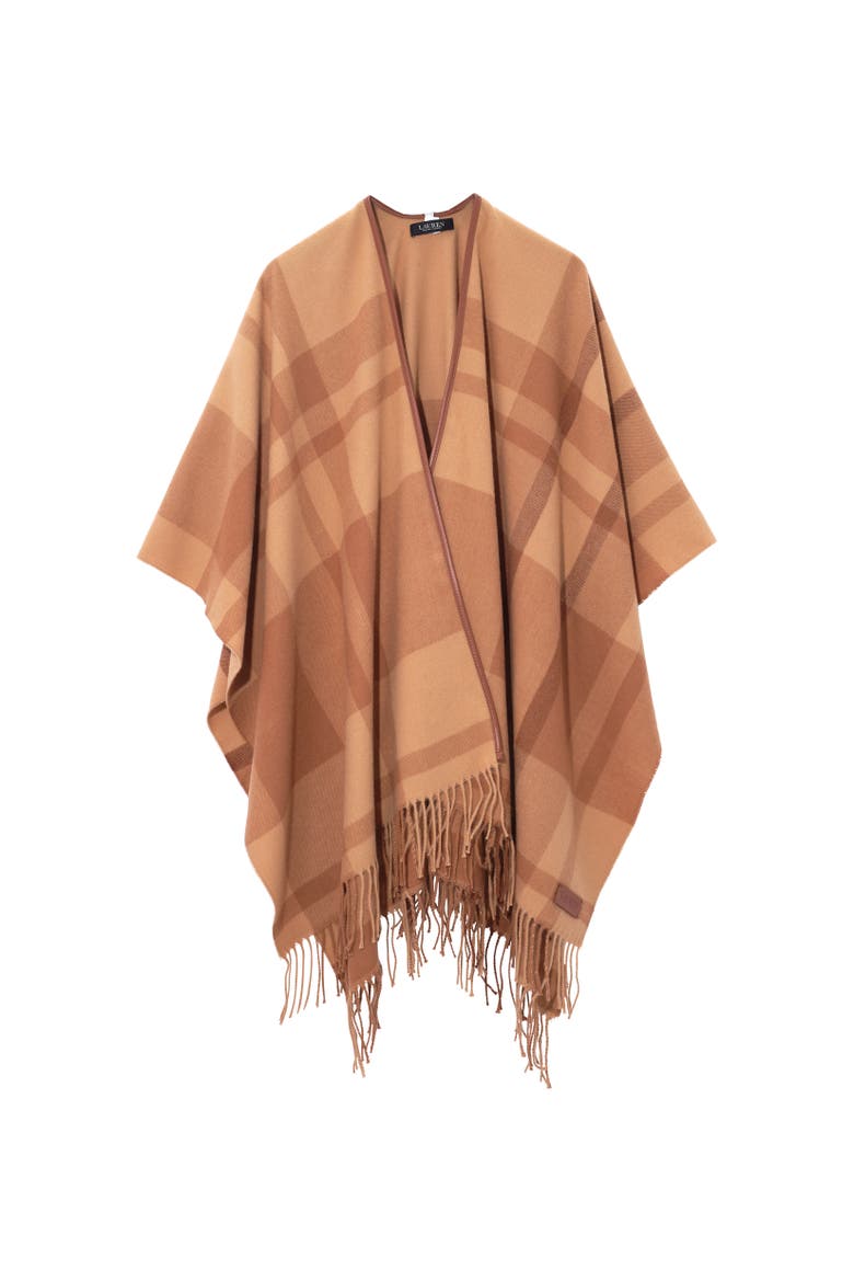 plaid ruana with fringe, Main, color, camel multi