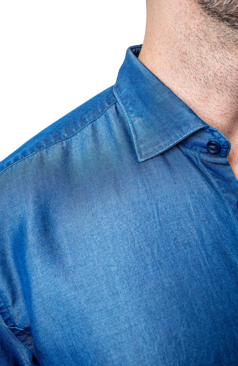 Maceoo Fibonacci Shiny Denim Blue Button-Up Shirt, Alternate, color, Blue