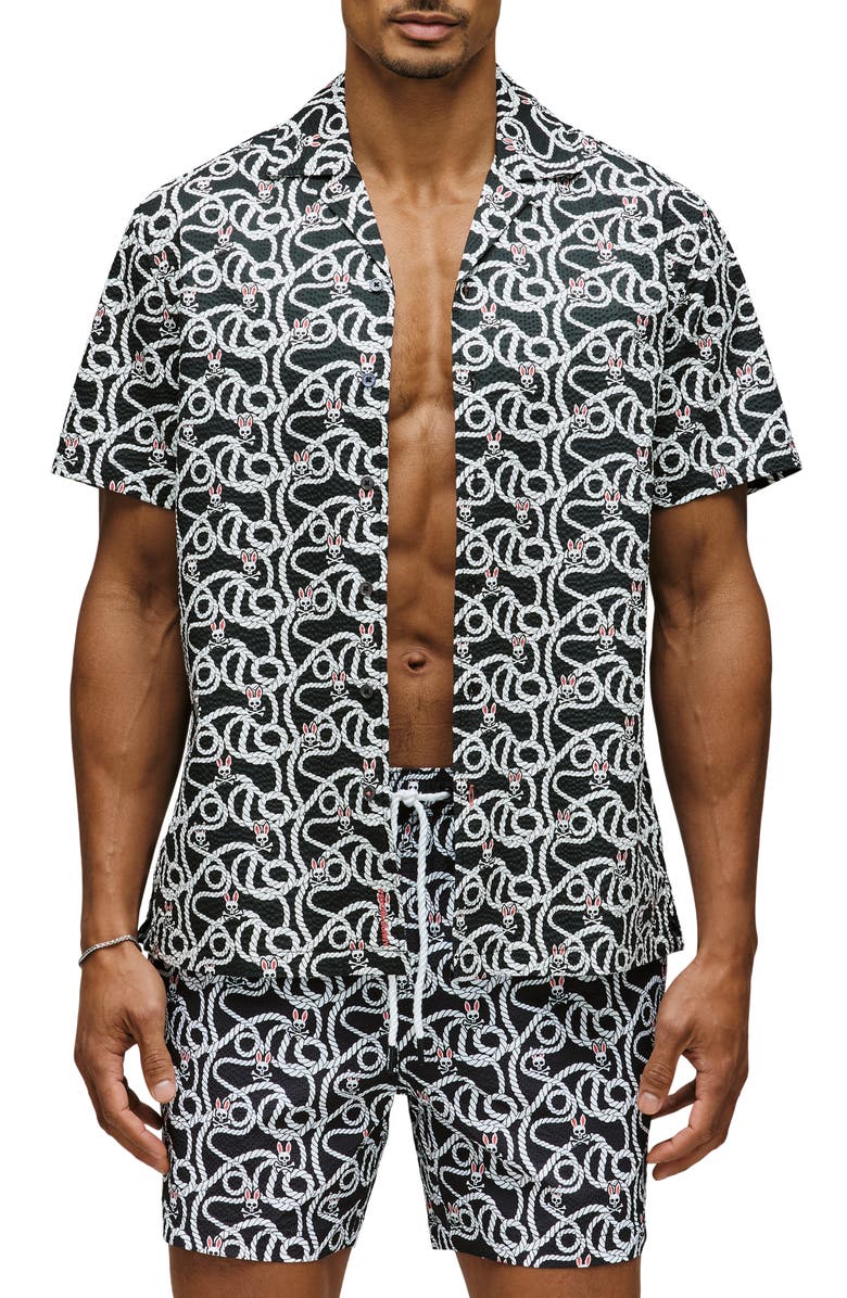 Psycho Bunny Cyrus Seersucker Button Front Shirt, Main, color, Black
