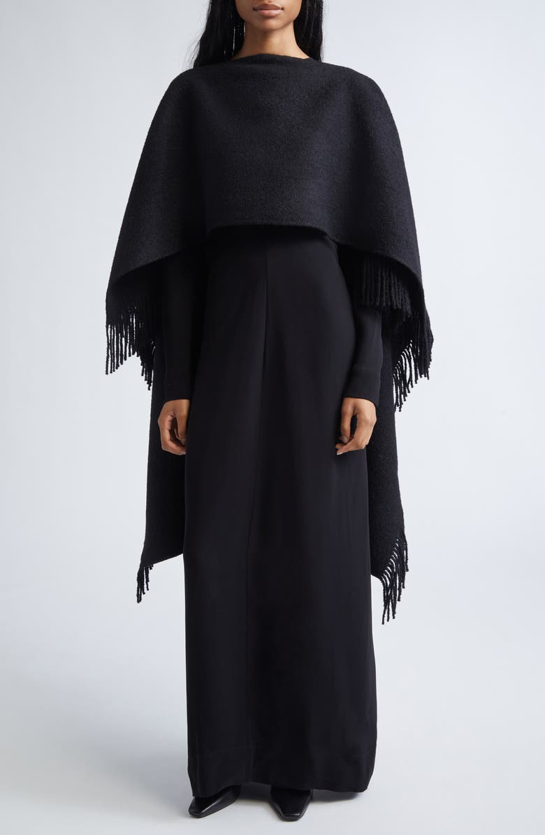 TOTEME Fringe High-Low Wool Blend Poncho, Alternate, color, Black
