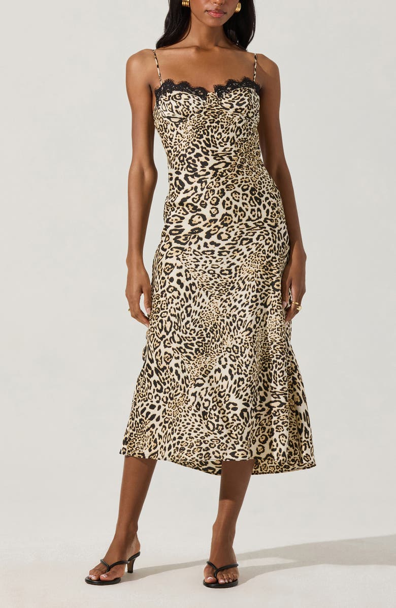 ASTR the Label Lace Trim Satin Slipdress, Main, color, Leopard Print
