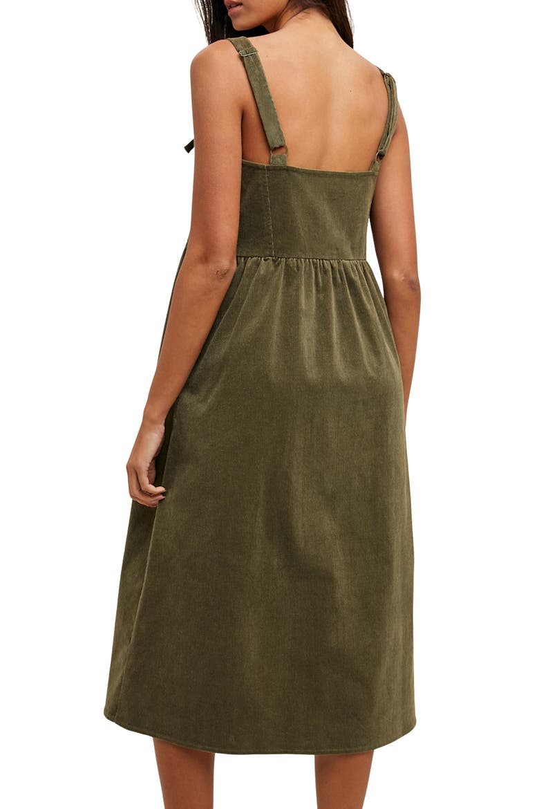 Corduroy Bow Strap Overalls Midi Dress, Alternate, color, OLIVE