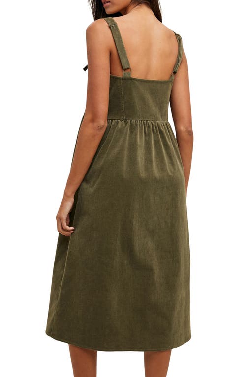 Corduroy Bow Strap Overalls Midi Dress In Green Corduroy Bow Strap Overalls Midi Dress In Green
