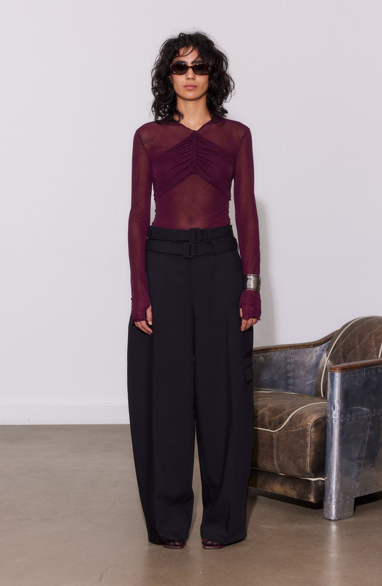 SAEMDI Bordeaux Mesh Draped Top, Alternate, color, Bordeaux